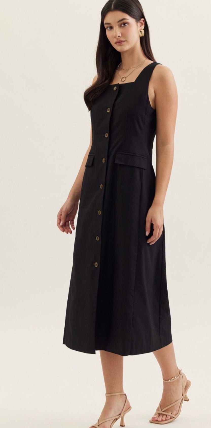 Back view of the Monaco Dress, a sleeveless square-neck midi dress