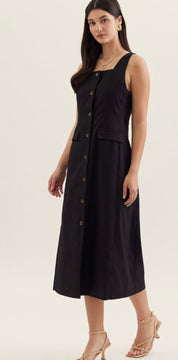 Back view of the Monaco Dress, a sleeveless square-neck midi dress