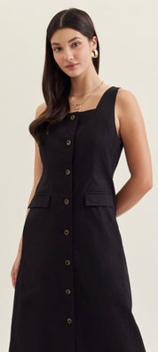 Monaco Dress styled full length, a sleeveless square-neck midi dress