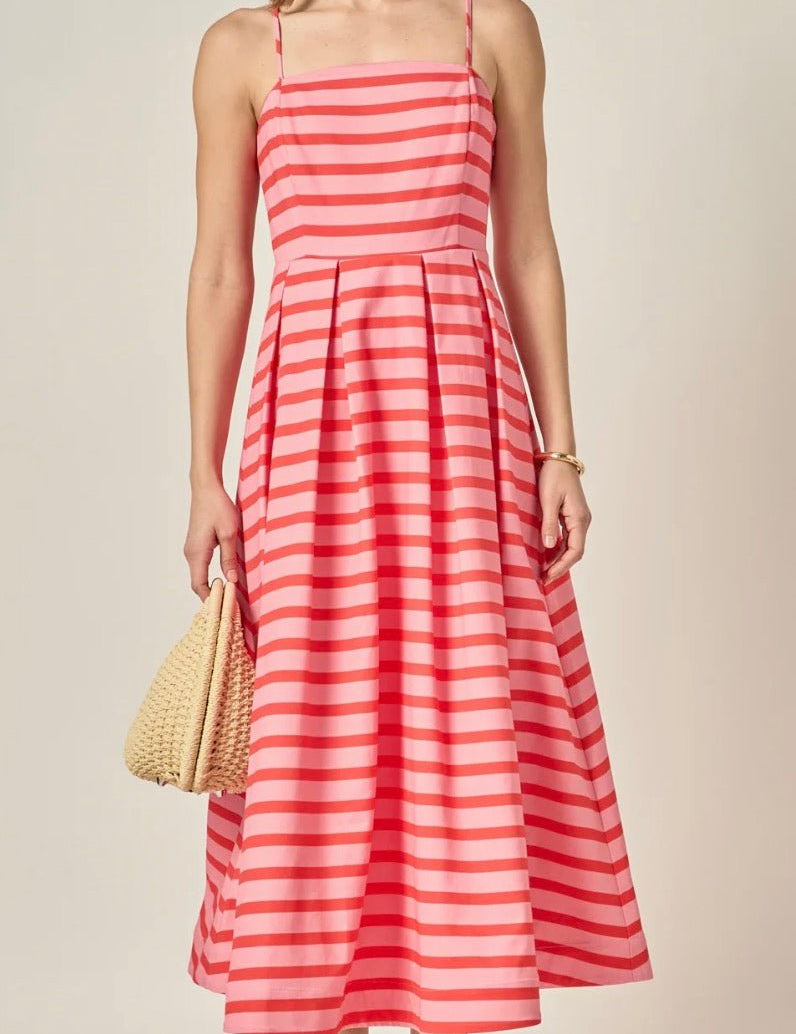 Pretty In Stripes Dress, a striped pleated midi with spaghetti straps, worn front view