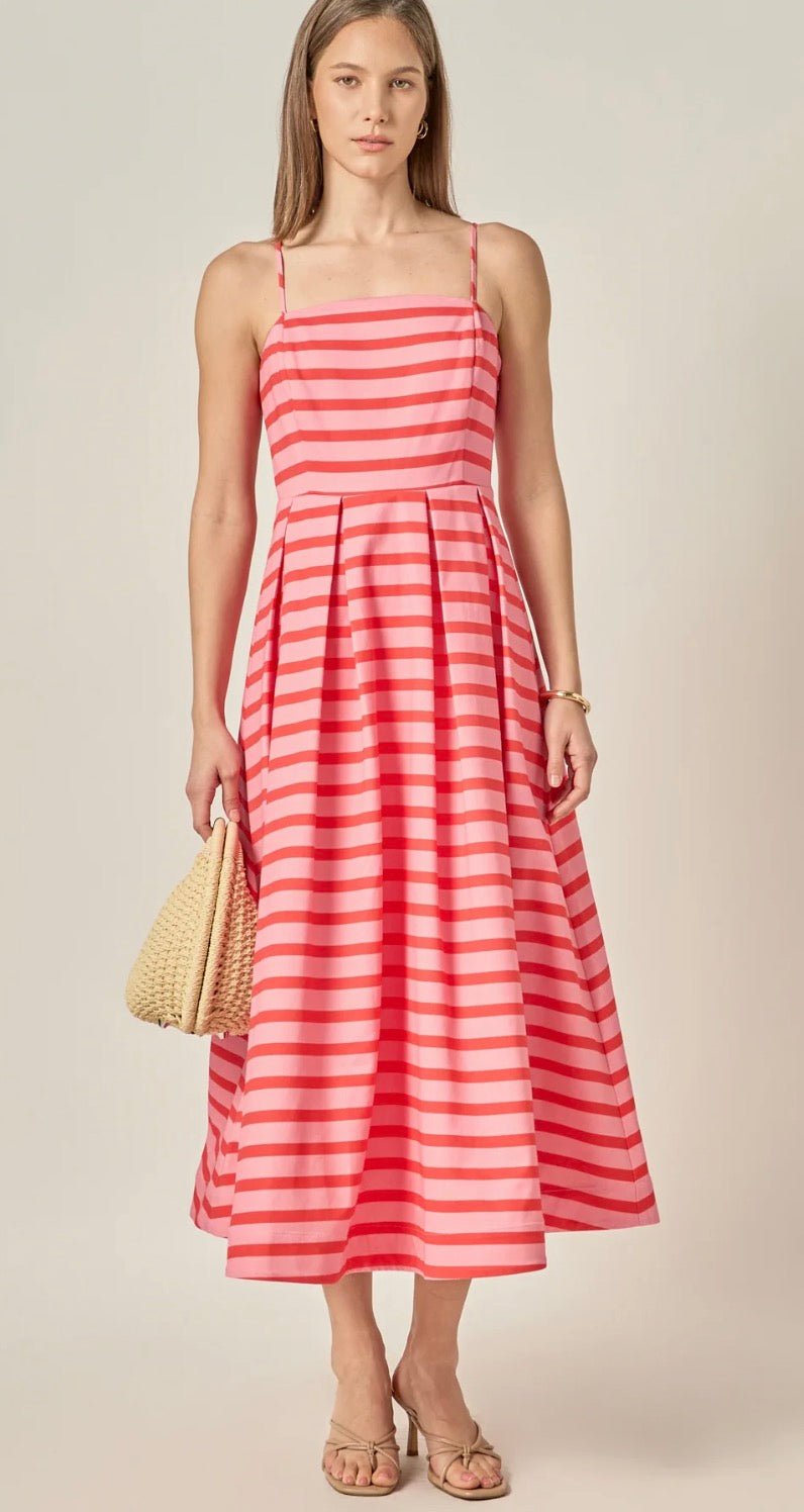 Pretty In Stripes Dress, a striped pleated midi with spaghetti straps, worn front view
