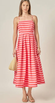 Pretty In Stripes Dress, a striped pleated midi with spaghetti straps, worn front view