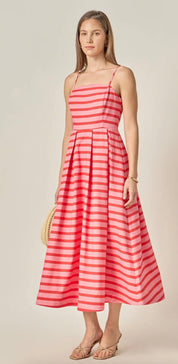 Pretty In Stripes Dress styled full length, a striped pleated midi with spaghetti straps