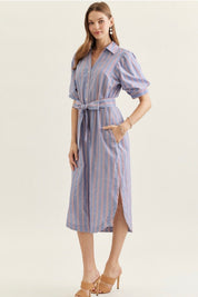Back view of the Land Of The Free Dress, a striped puff sleeve belted midi