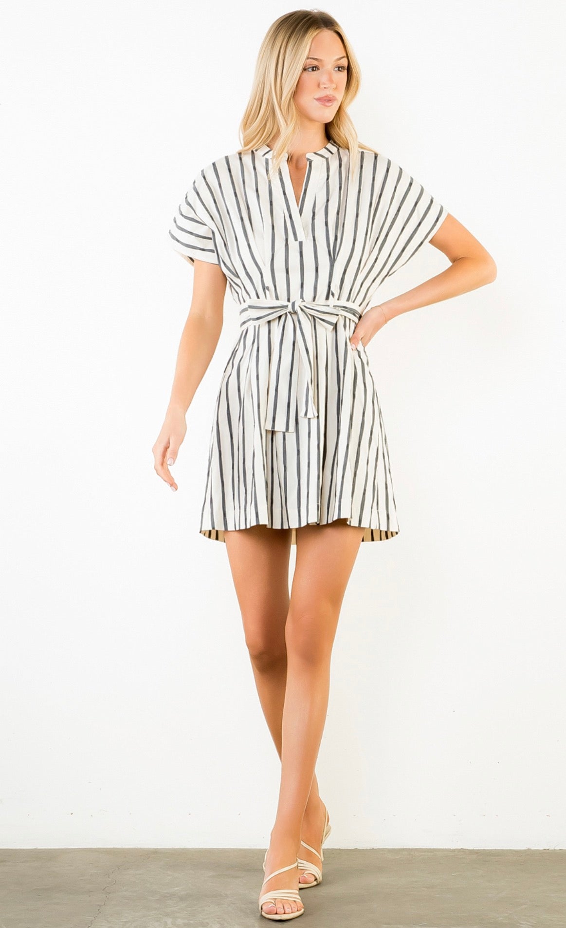 Harbor House Dress, a relaxed striped mini dress, worn front view