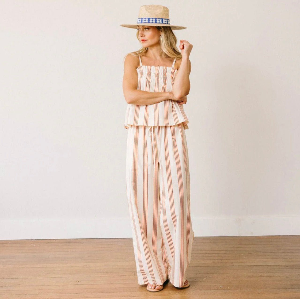 Cherry Pinstripe Pant/Top Set, a cream cherry pinstripe pant and top set, worn front view