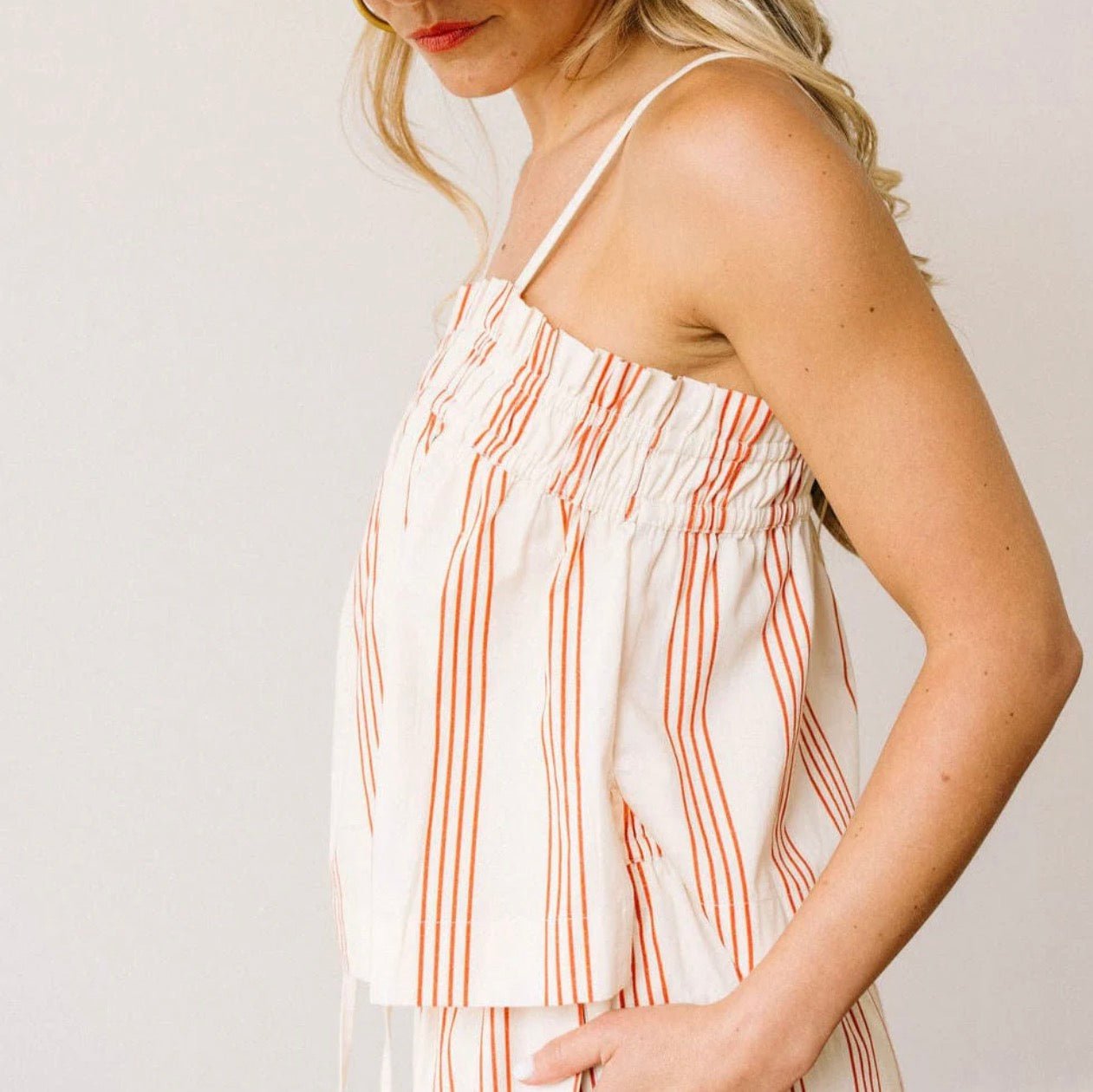 Back view of the Cherry Pinstripe Pant/Top Set, a cream cherry pinstripe pant and top set