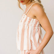 Back view of the Cherry Pinstripe Pant/Top Set, a cream cherry pinstripe pant and top set