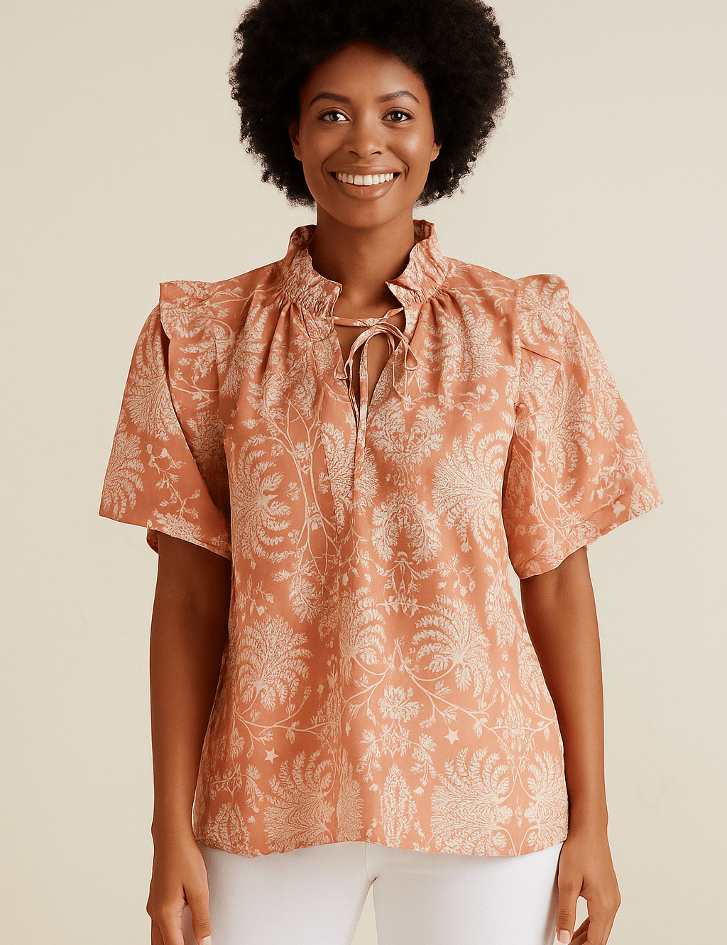 Rose Gilded Palm Gemma Top, a terracotta botanical print flutter sleeve blouse, worn front view – Lady & Tucker