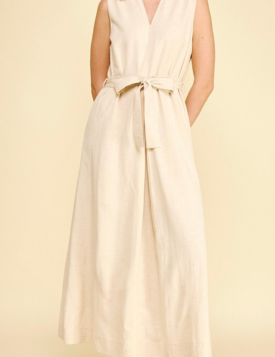 Linen Maxi Dress, a sleeveless tan linen maxi dress, worn front view