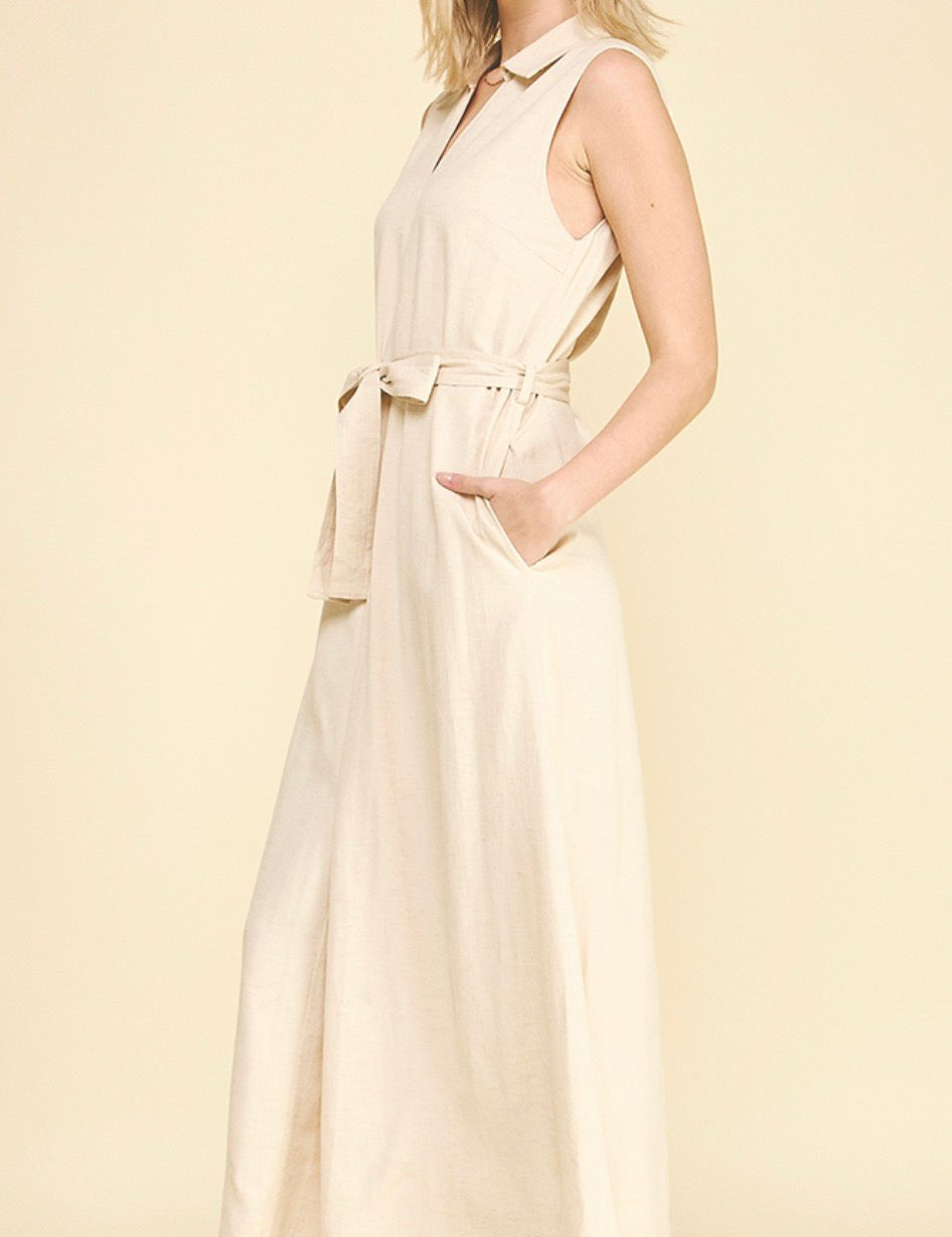 Back view of the Linen Maxi Dress, a sleeveless tan linen maxi dress