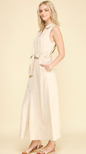 Back view of the Linen Maxi Dress, a sleeveless tan linen maxi dress