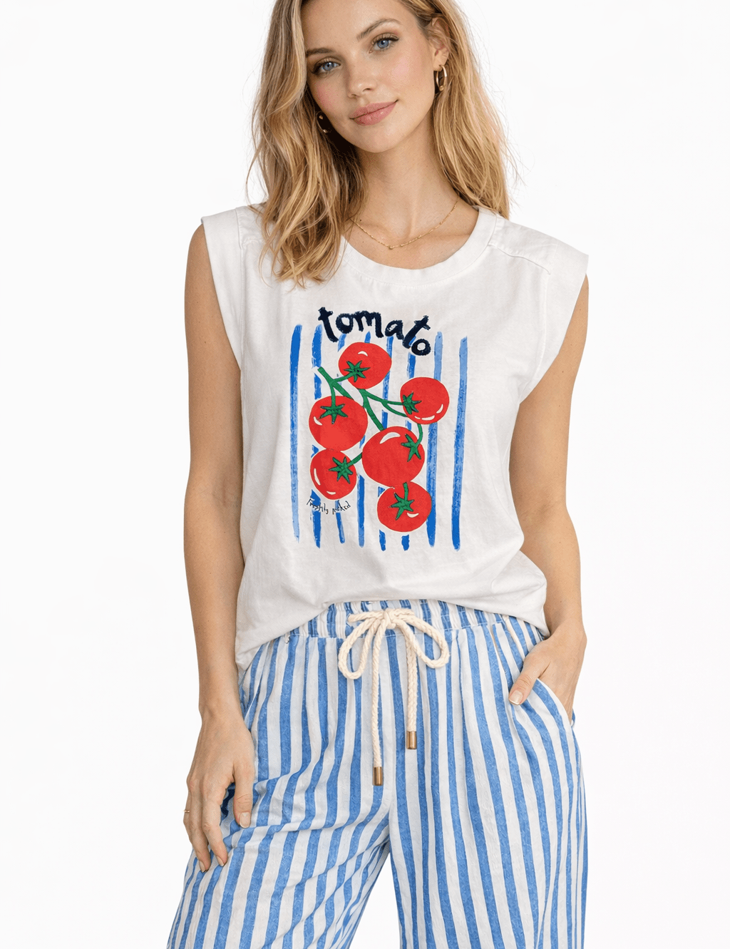 Graphic Tomato Top, a white tomato graphic boxy tee, worn front view – Lady & Tucker