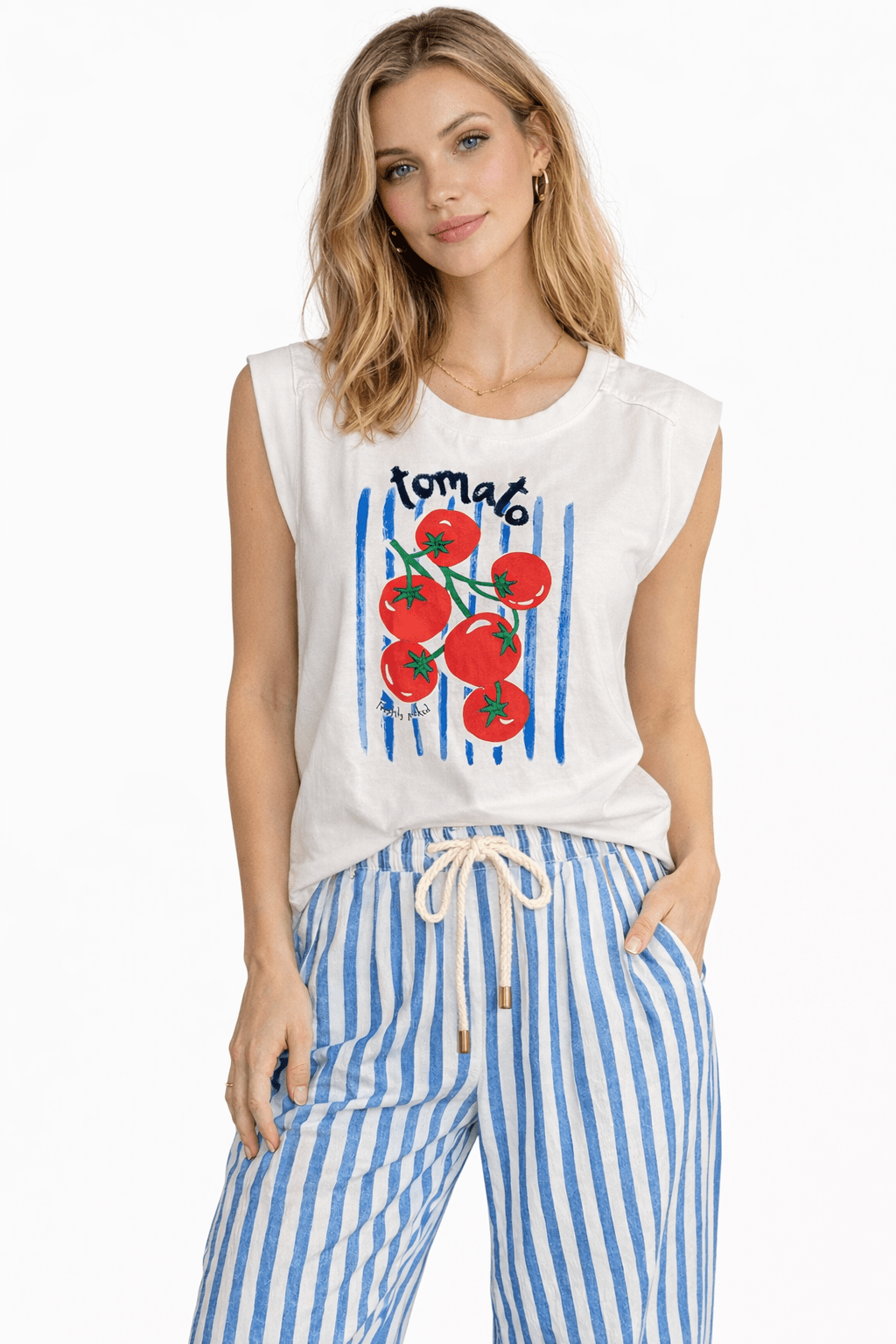 Graphic Tomato Top, a white tomato graphic boxy tee, worn front view – Lady & Tucker