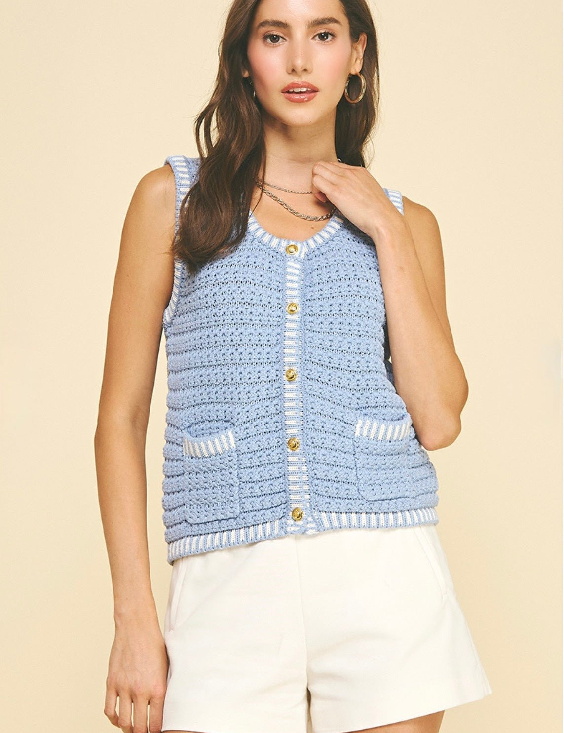 Tweed Sweater Top, a tweed-style knit top with metal buttons, worn front view