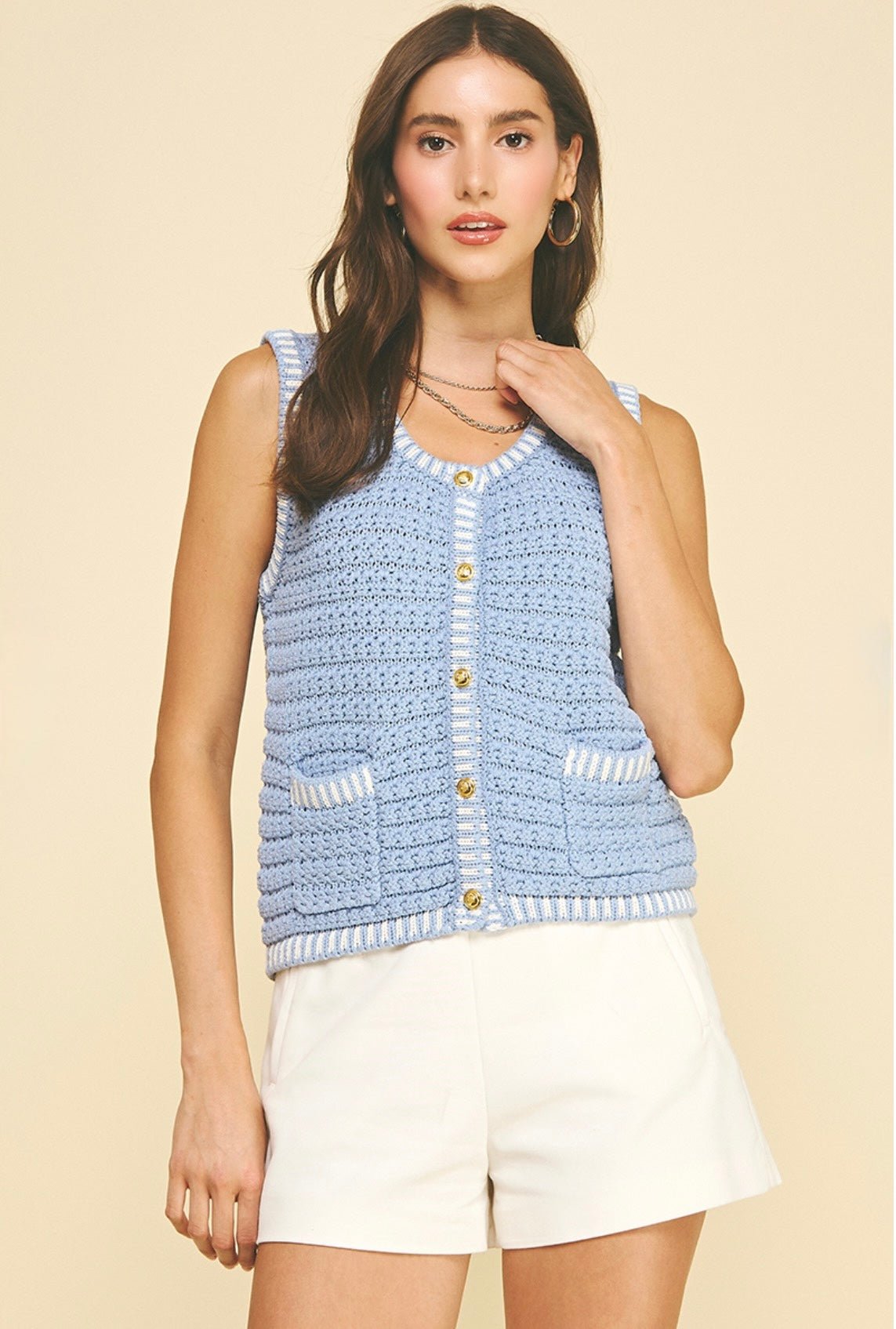 Tweed Sweater Top, a tweed-style knit top with metal buttons, worn front view