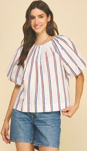 USA Stripe Top, a white patriotic stripe puff sleeve top, worn front view