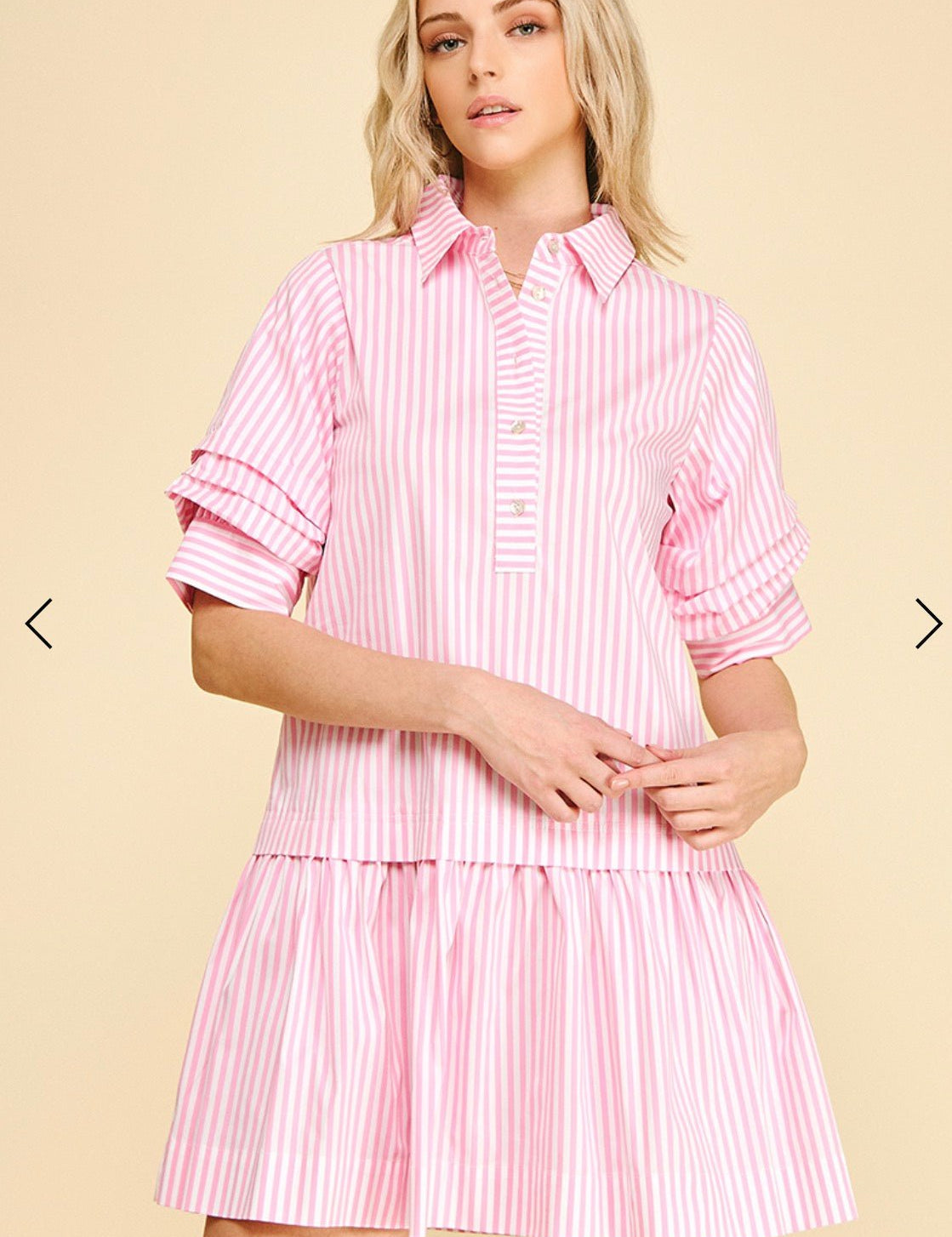 Love Stripe Mini Dress, a vertical stripe mini shirt dress, worn front view