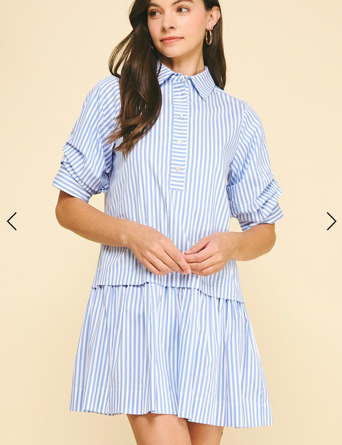 Back view of the Love Stripe Mini Dress, a vertical stripe mini shirt dress