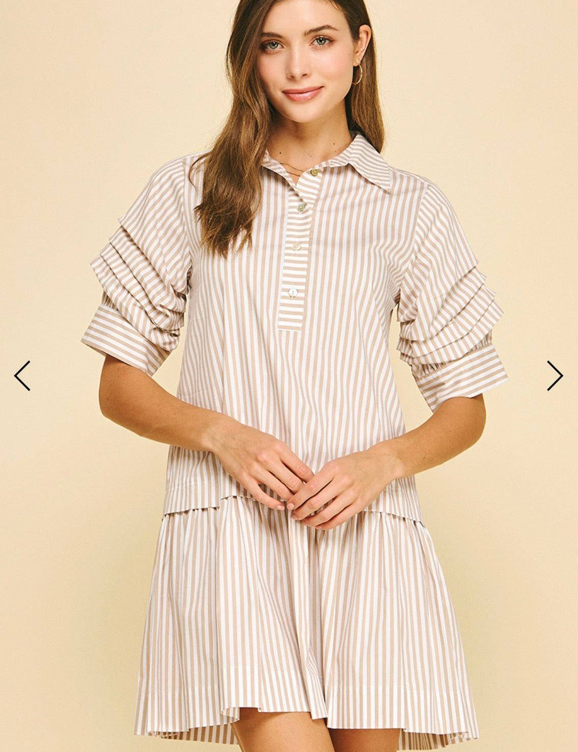 Love Stripe Mini Dress styled full length, a vertical stripe mini shirt dress
