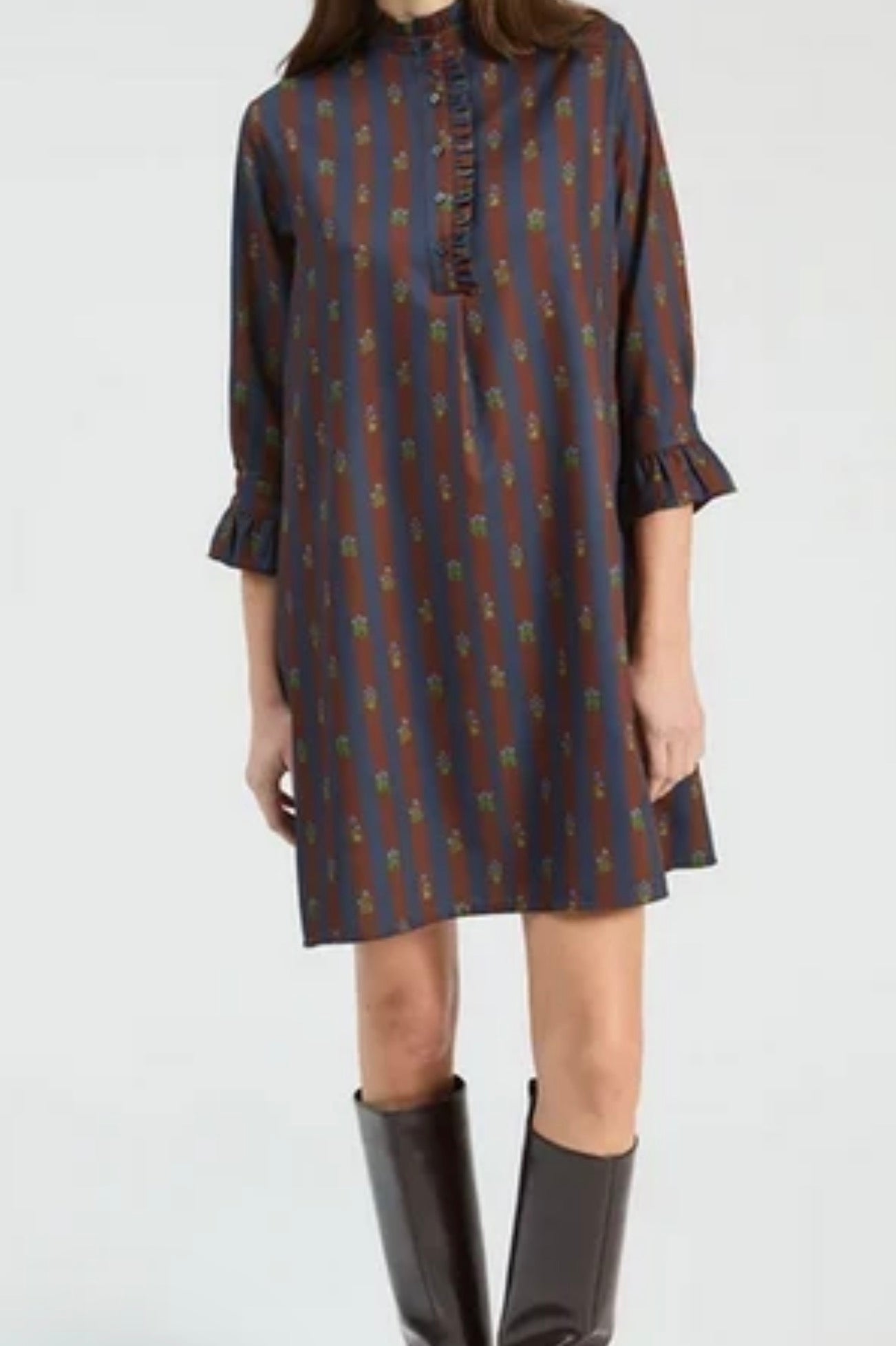 Autumn Heirloom Dress, a Vilagallo fall dress in rich seasonal tones, worn front view