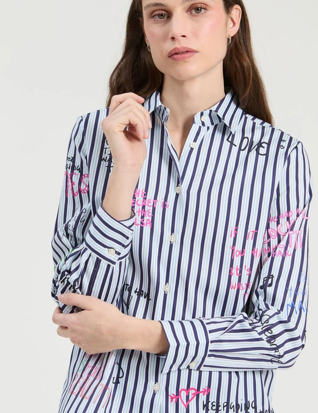 Printed Striped Shirt, a blue stripe shirt with whimsical doodle print, worn front view