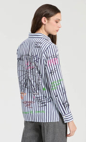 Back view of the Printed Striped Shirt, a blue stripe shirt with whimsical doodle print