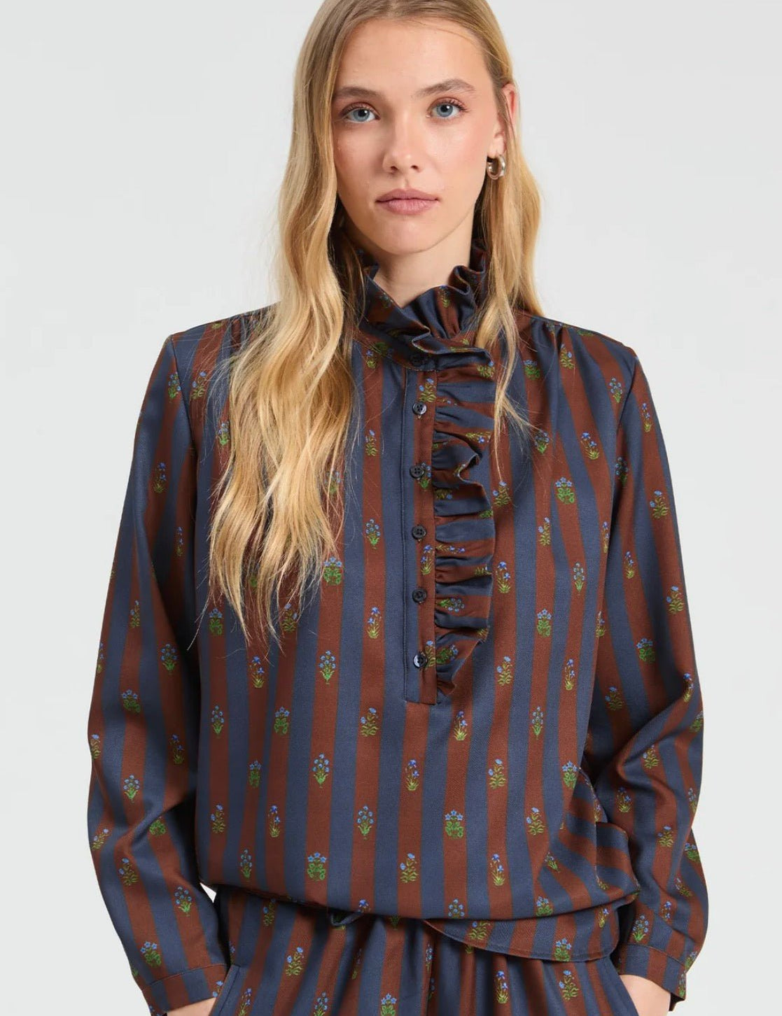 Autumn Heirloom Top, a burgundy and navy stripe long-sleeve shirt, worn front view