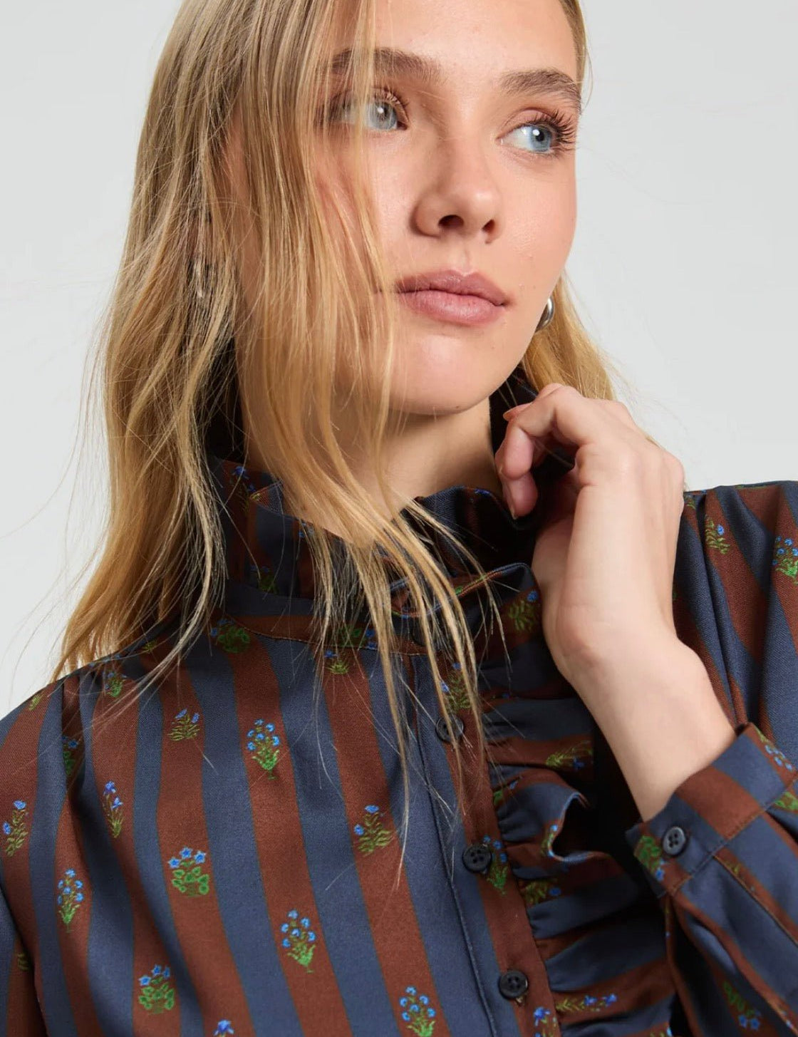 Back view of the Autumn Heirloom Top, a burgundy and navy stripe long-sleeve shirt