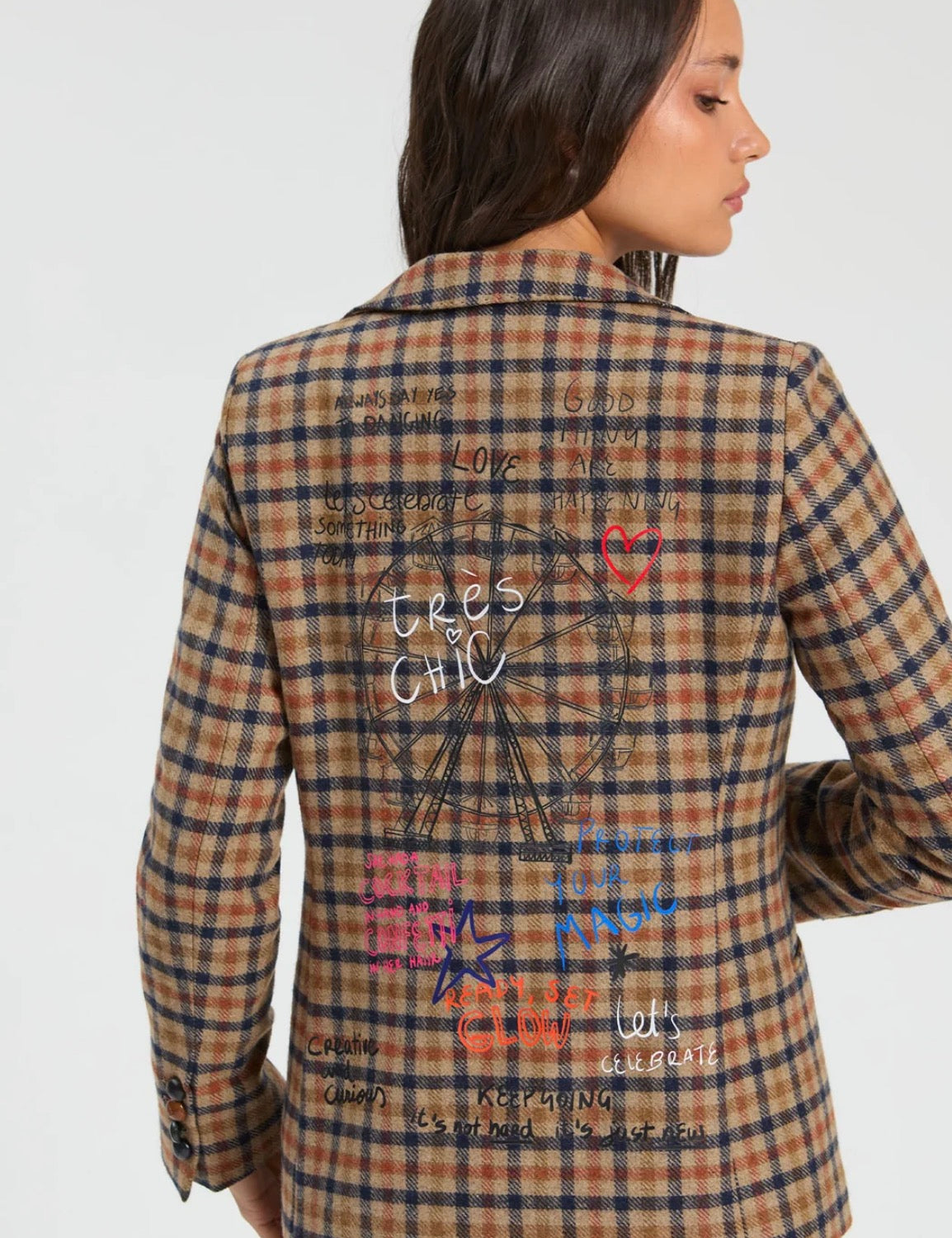 Back view of the Graffiti Plaid Jacket, a tan plaid blazer with embroidered phrases