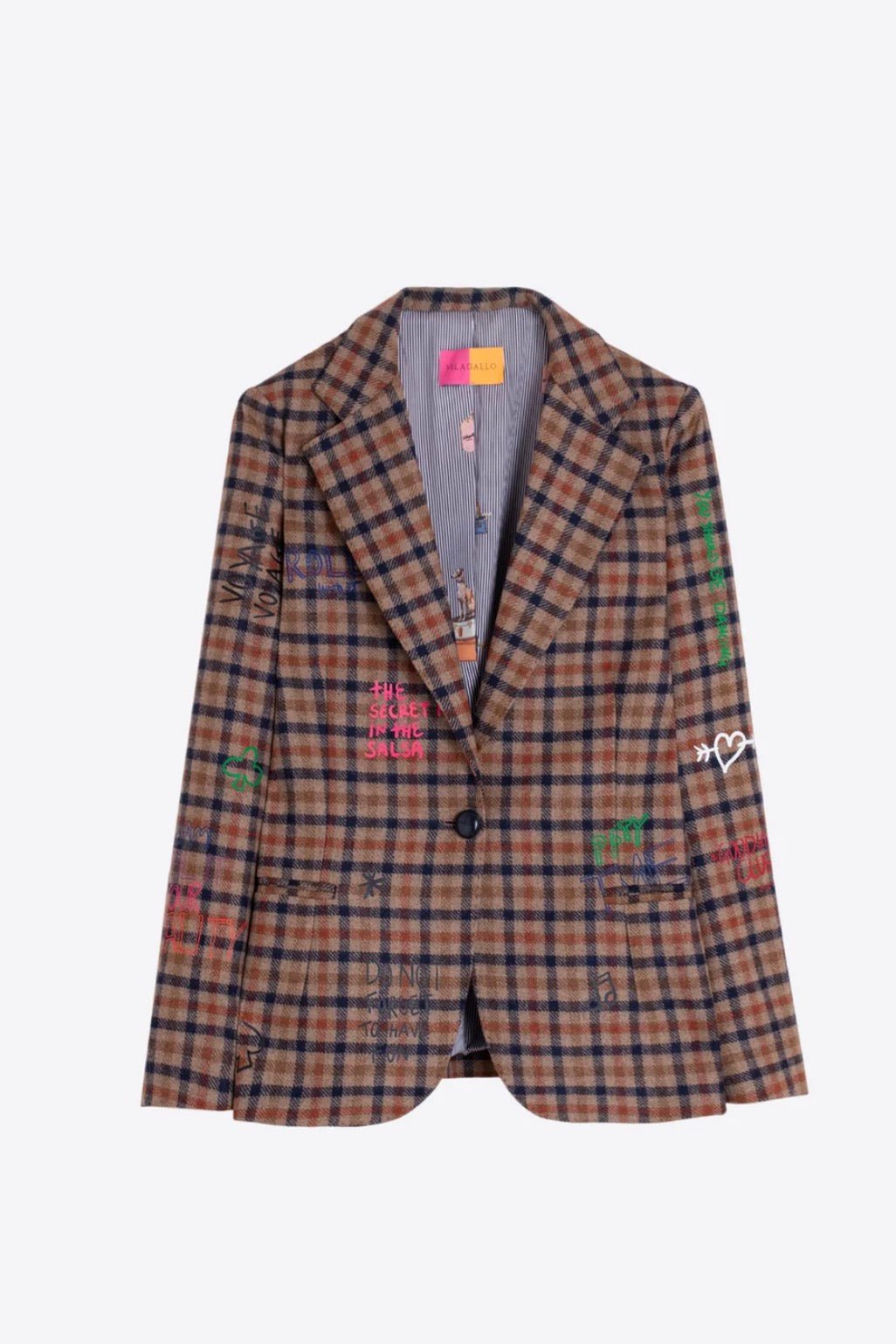 Graffiti Plaid Jacket styled on model, a tan plaid blazer with embroidered phrases – Lady & Tucker