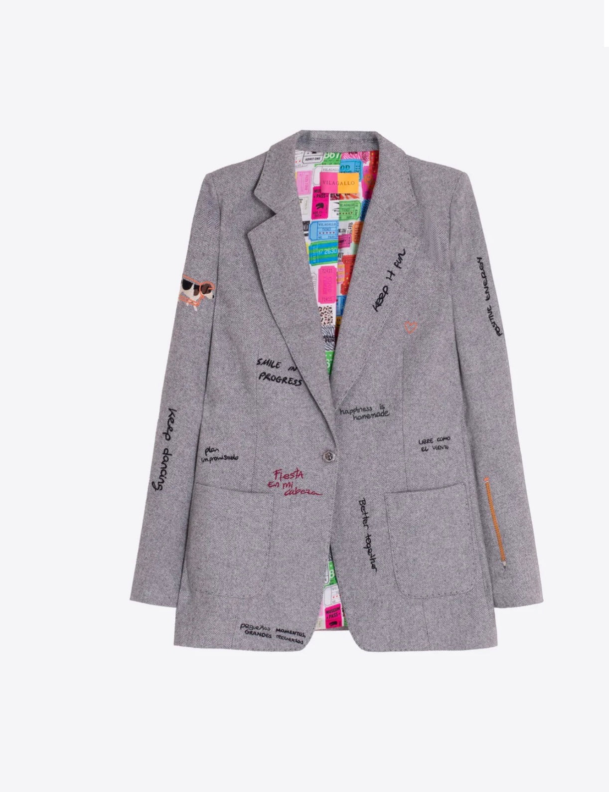 Back view of the Light Gray Printed Jacket, a gray herringbone printed blazer