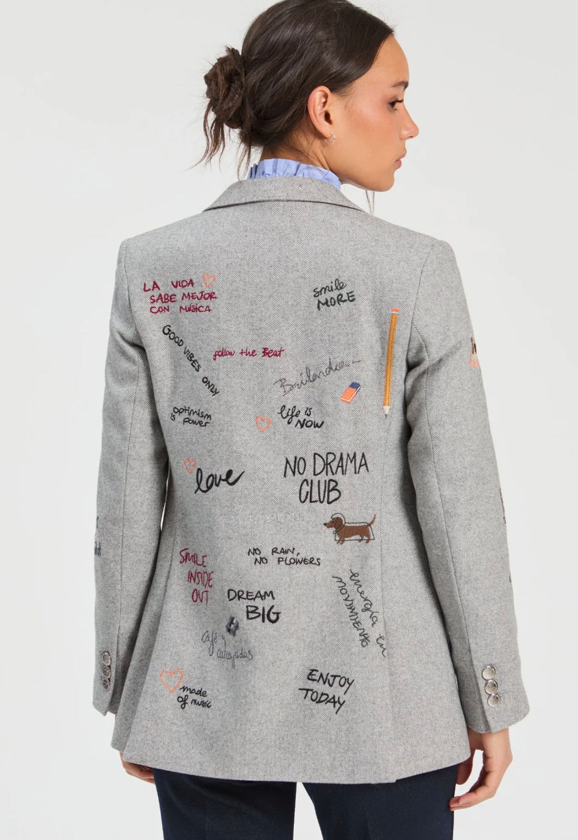 Light Gray Printed Jacket styled on model, a gray herringbone printed blazer – Lady & Tucker