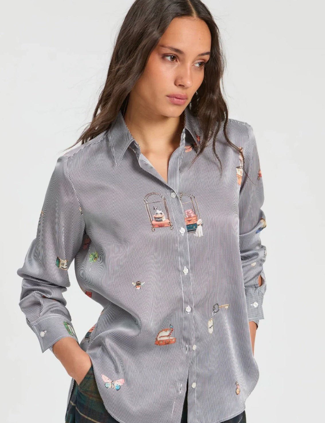 Hotel Striped Shirt, a blue stripe shirt with travel embroideries, worn front view