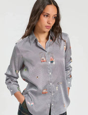 Hotel Striped Shirt, a blue stripe shirt with travel embroideries, worn front view