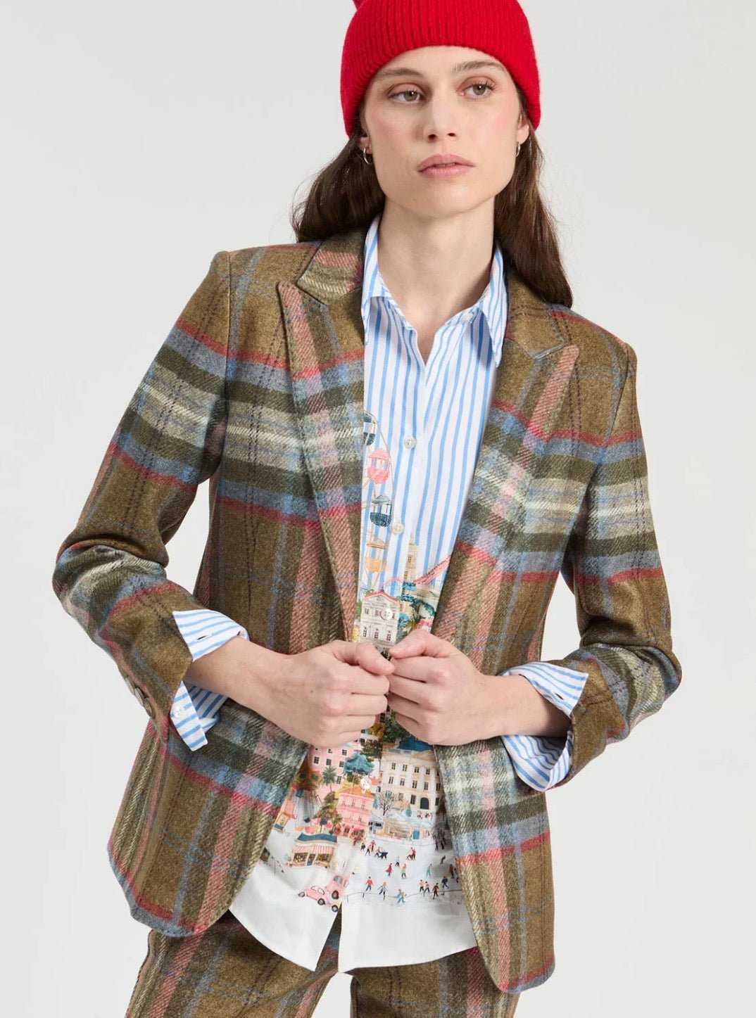 Heather Plaid Jacket, an olive-brown plaid tailored blazer, worn front view