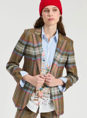 Heather Plaid Jacket, an olive-brown plaid tailored blazer, worn front view