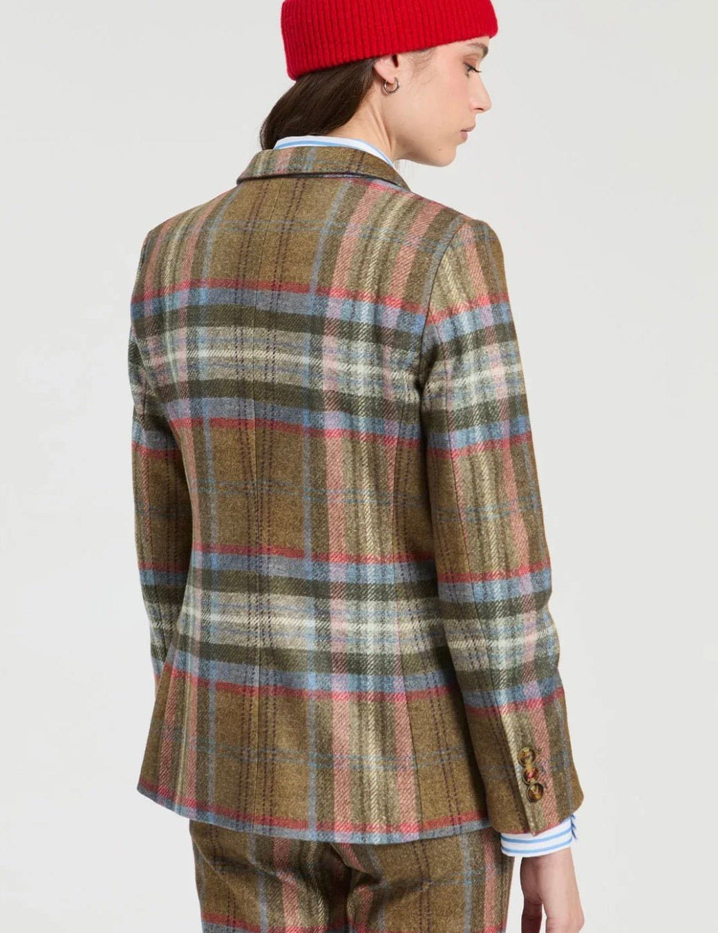 Back view of the Heather Plaid Jacket, an olive-brown plaid tailored blazer