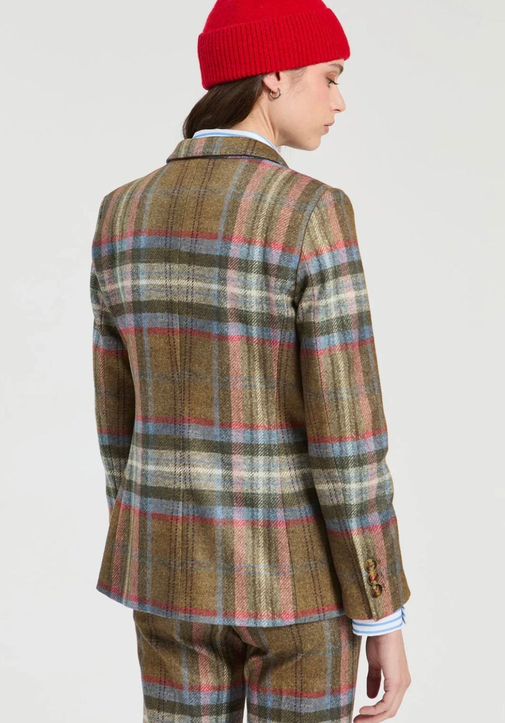 Back view of the Heather Plaid Jacket, an olive-brown plaid tailored blazer