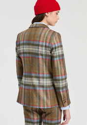 Back view of the Heather Plaid Jacket, an olive-brown plaid tailored blazer