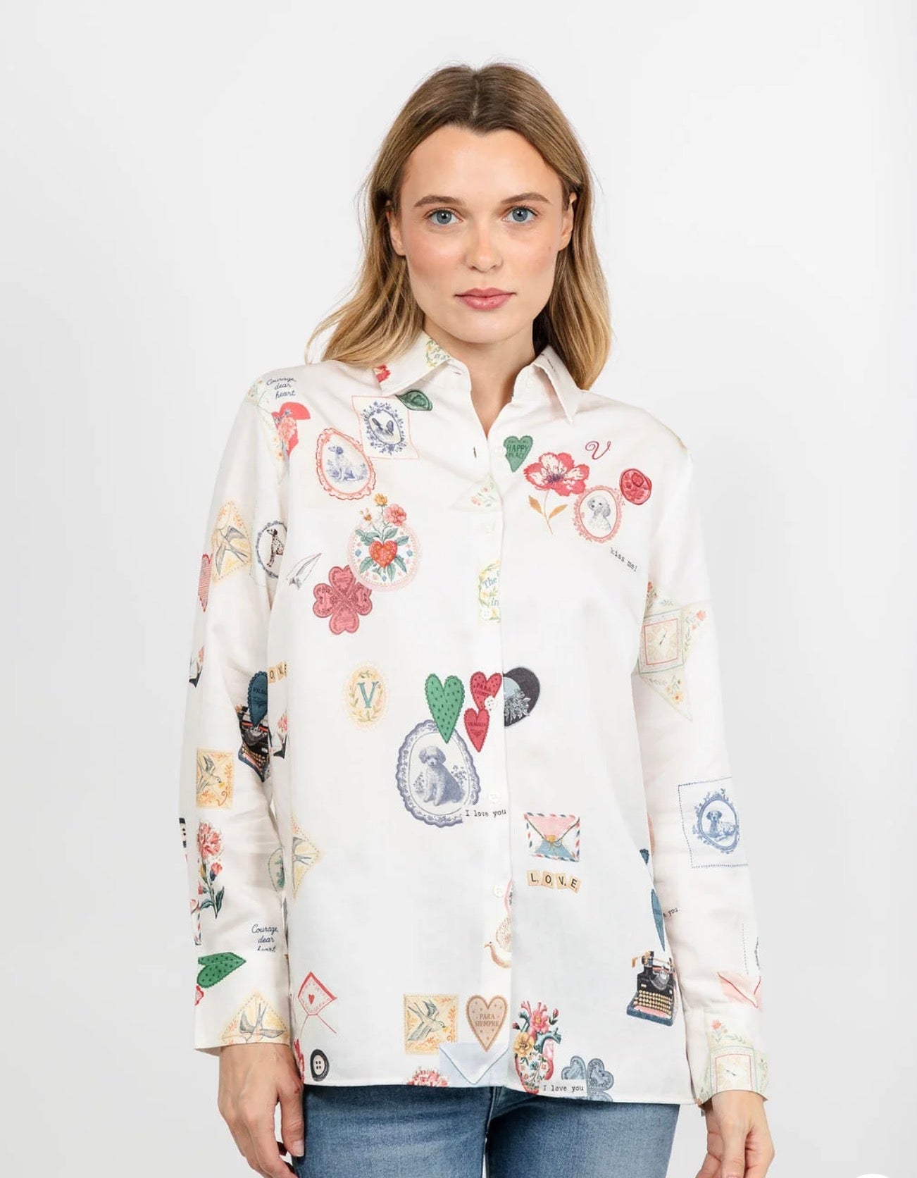 Puppy Love Shirt, an off-white shirt with I Love You print, worn front view