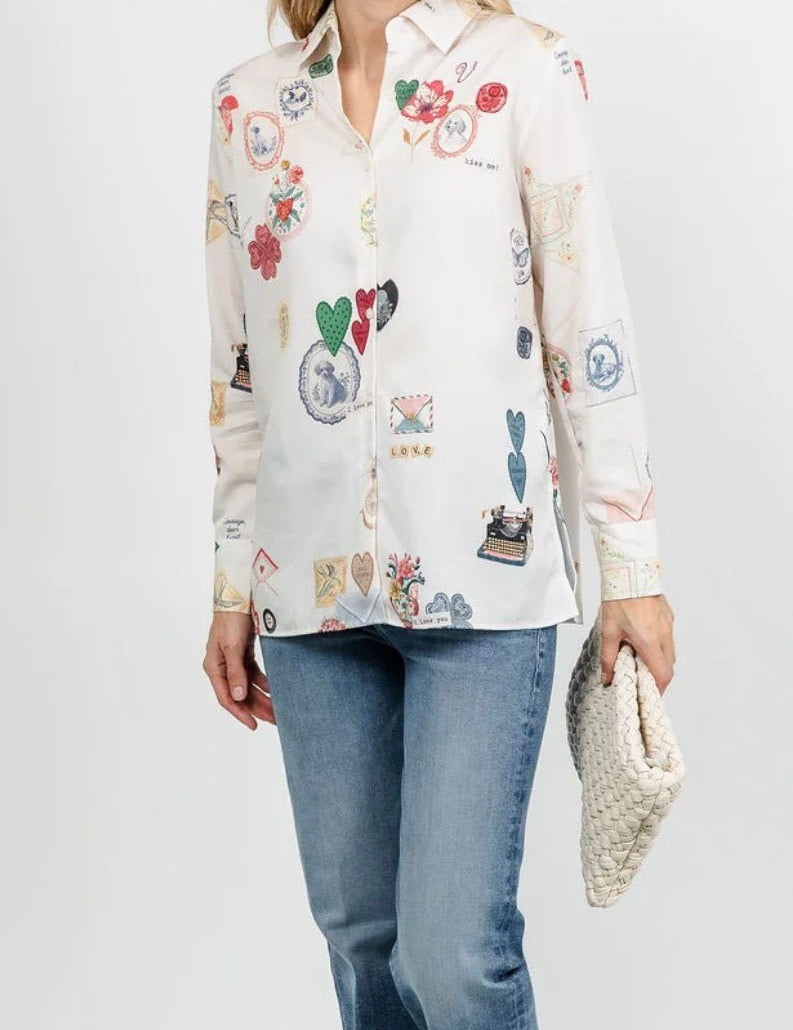 Back view of the Puppy Love Shirt, an off-white shirt with I Love You print