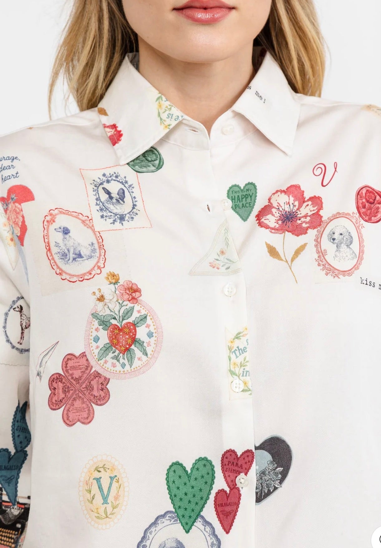 Close-up of the romantic artistic print on the Puppy Love Shirt