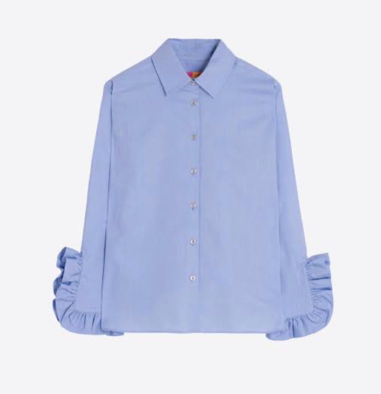 Back view of the Azure Shirt, a sky blue ruffle cuff button-down – Lady & Tucker