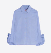 Back view of the Azure Shirt, a sky blue ruffle cuff button-down – Lady & Tucker