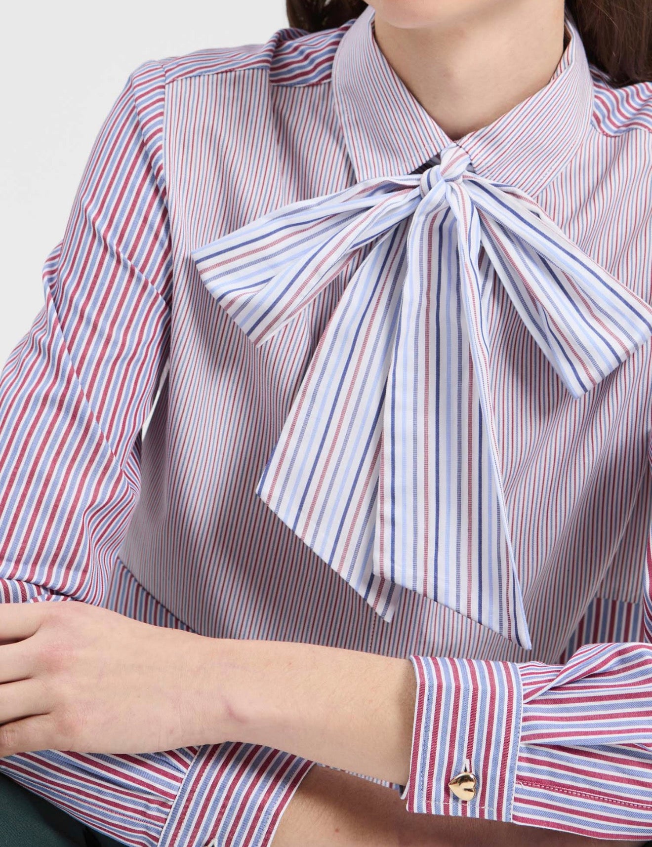 Bow Striped Shirt, a red and blue stripe blouse with tie bow, worn front view