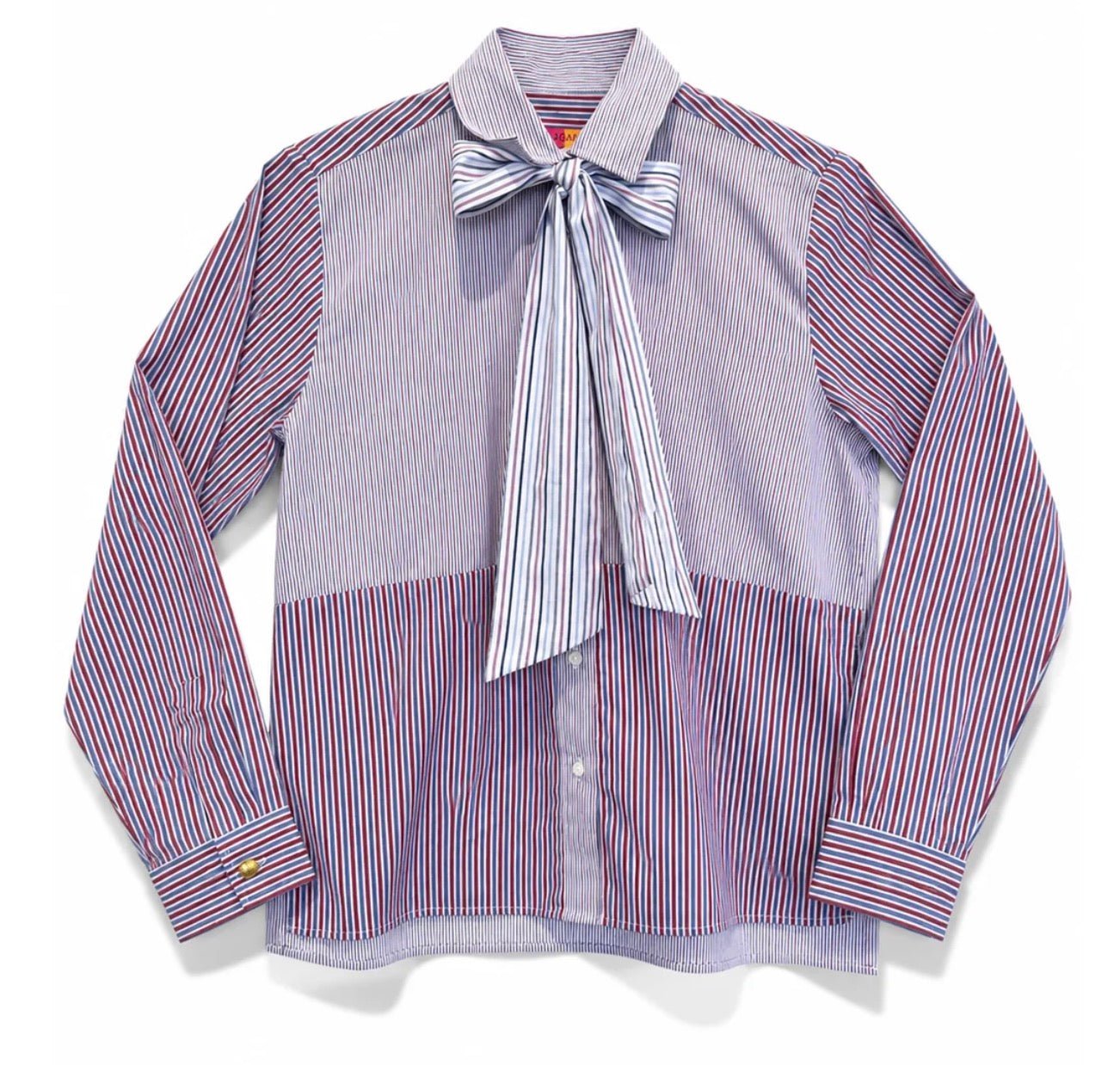 Back view of the Bow Striped Shirt, a red and blue stripe blouse with tie bow
