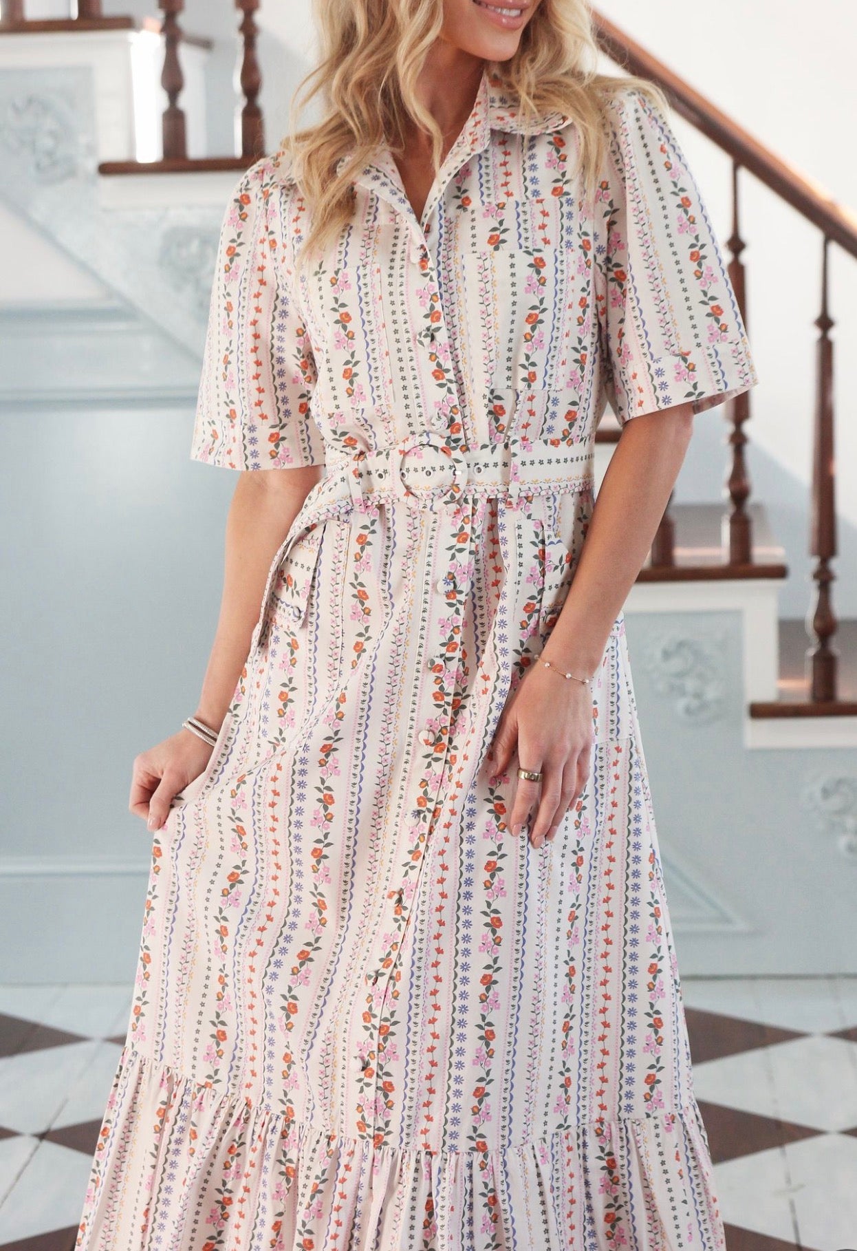 French Floral Pocket Maxi Dress, a vintage garden stripe midi with pockets, worn front view