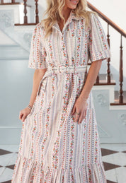 French Floral Pocket Maxi Dress, a vintage garden stripe midi with pockets, worn front view