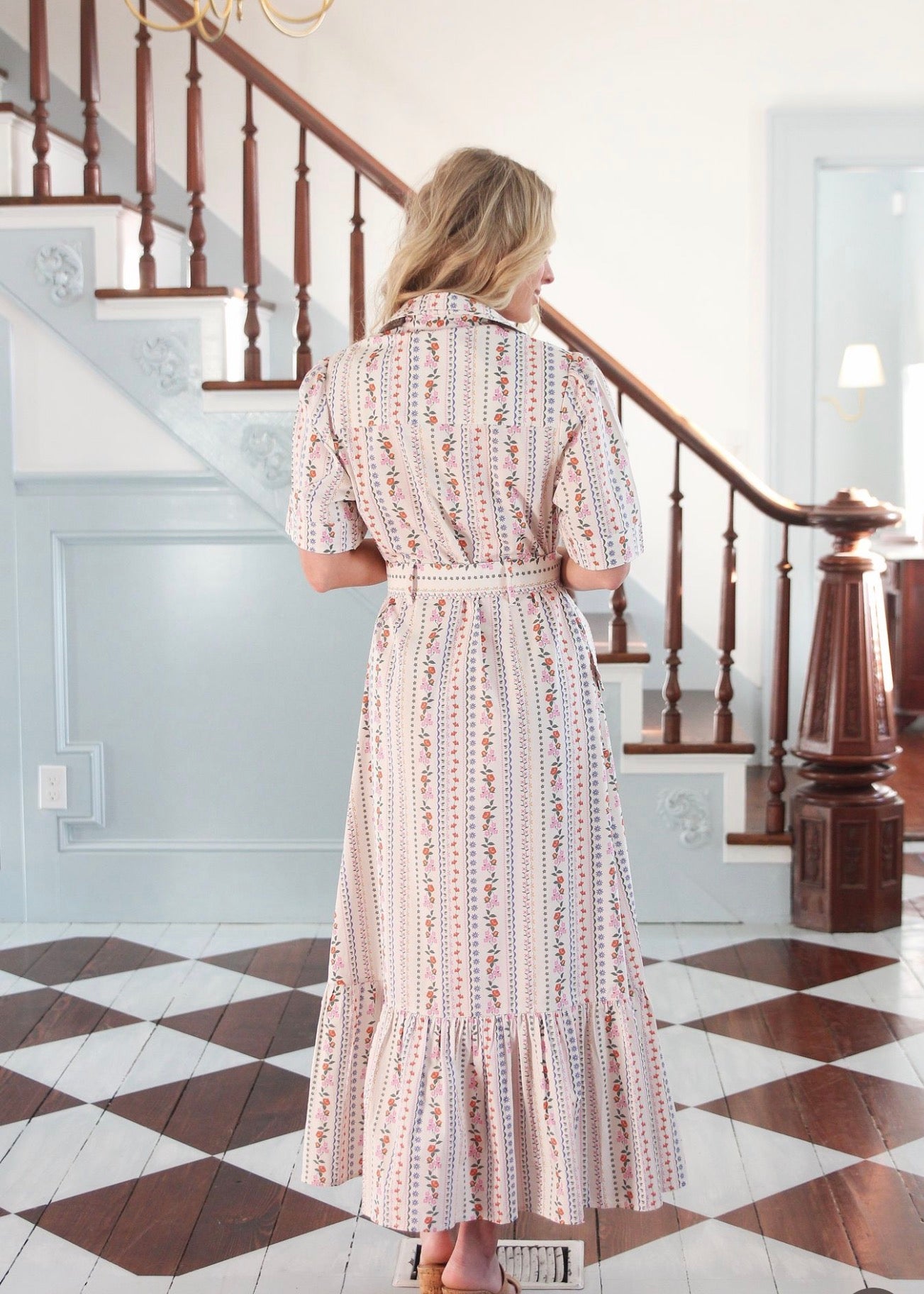 Back view of the French Floral Pocket Maxi Dress, a vintage garden stripe midi with pockets
